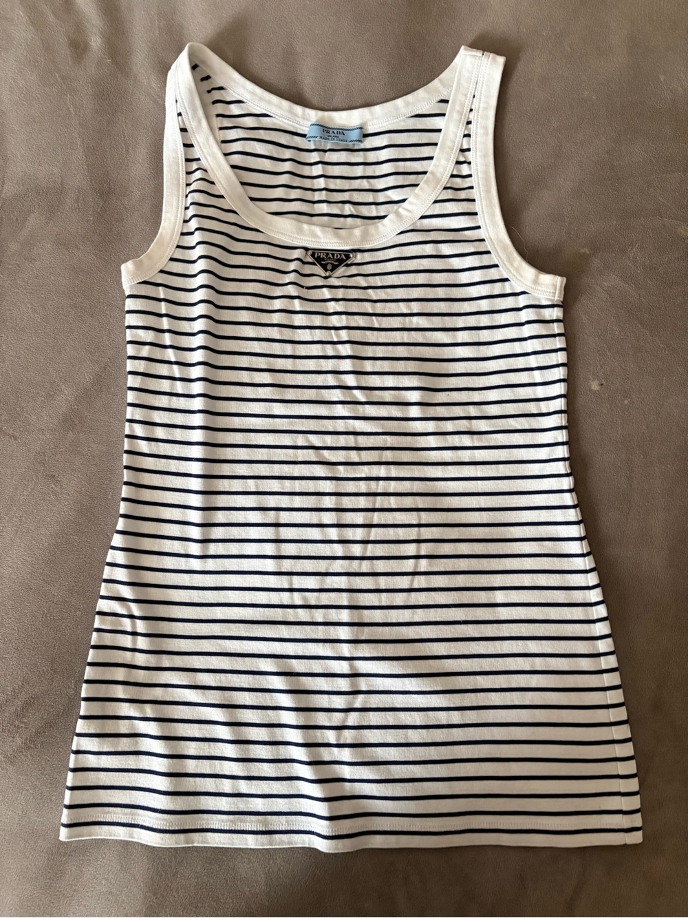 Prada White & Navy Striped Cotton Tank with Triangle Logo